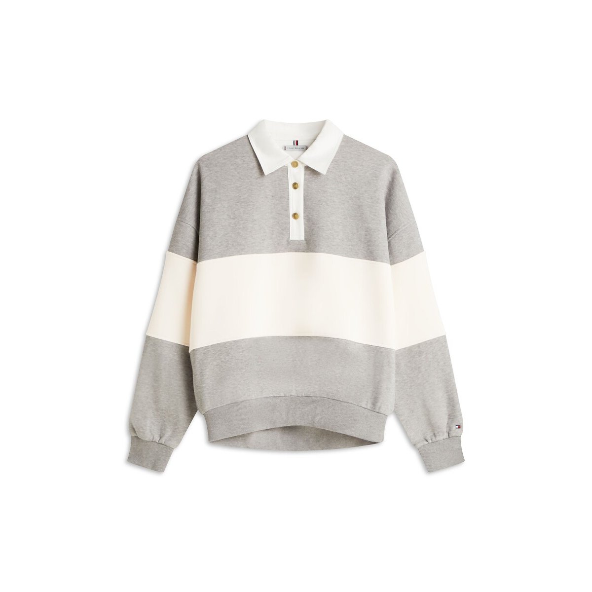 Sudadera de rugby a rayas con cuello de polo de manga larga gris/crudo, TOMMY HILFIGER