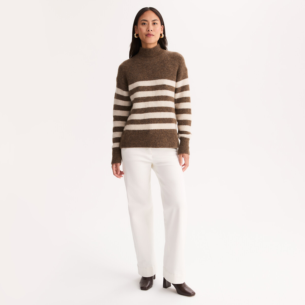 Pull col montant à rayures en laine et alpaga mélangé ecru/taupe, ANNE WEYBURN