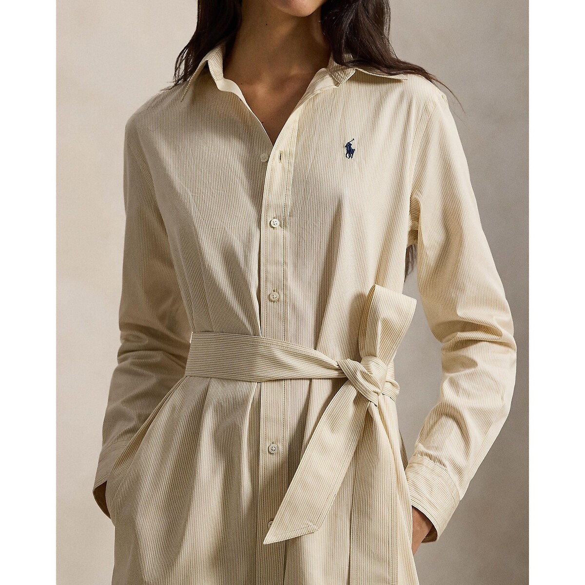 Abito chemisier a righe, maniche lunghe con cintura righe beige / bianco, POLO RALPH LAUREN