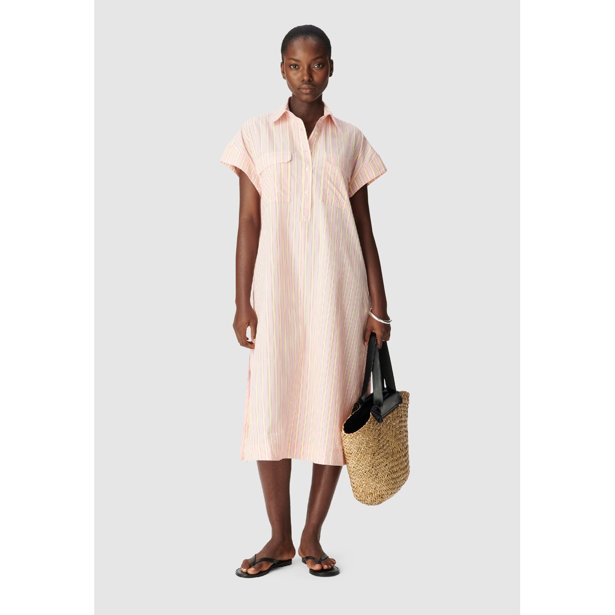 Robe chemise midi rayée rose pâle, IKKS