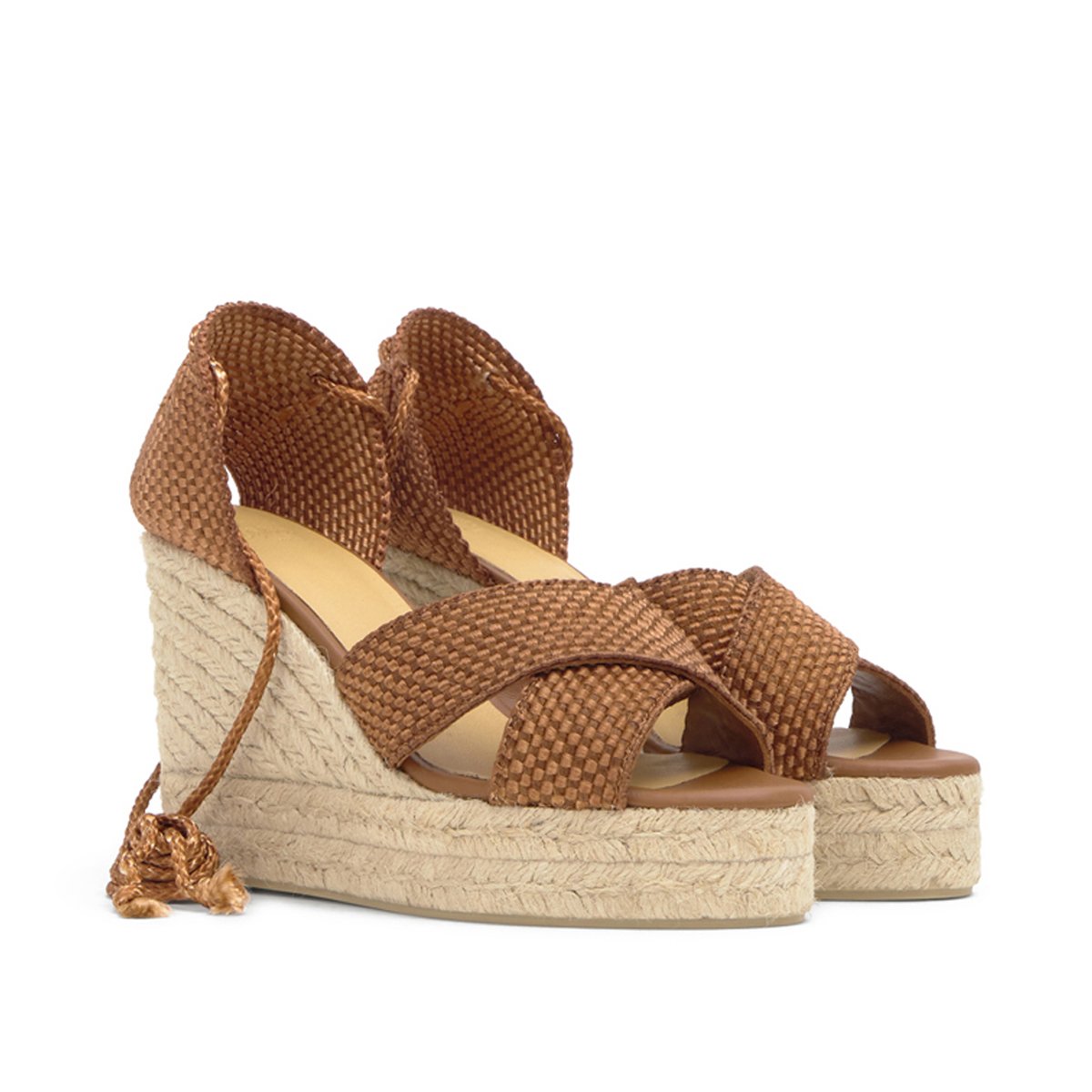 Sandales compensées en jute et rayonne tressées à lacets BECCA EXTRA PLATFORM cognac, CASTANER