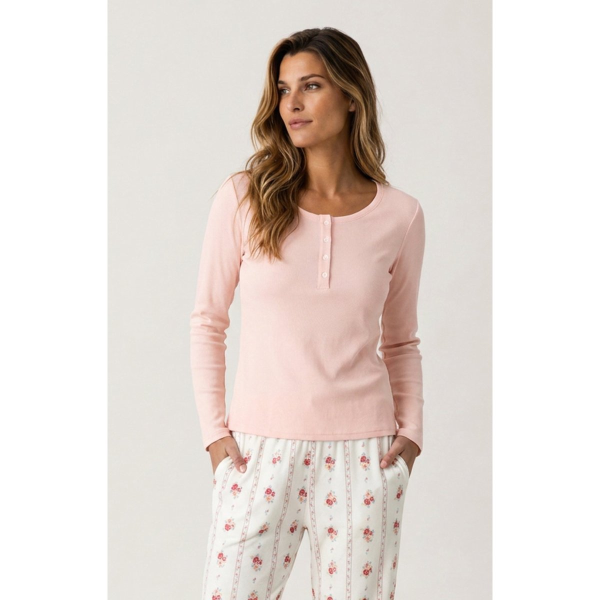 Tee-shirt manches longues en jersey de coton et modal couleur unie Magnolia rose, ARTHUR