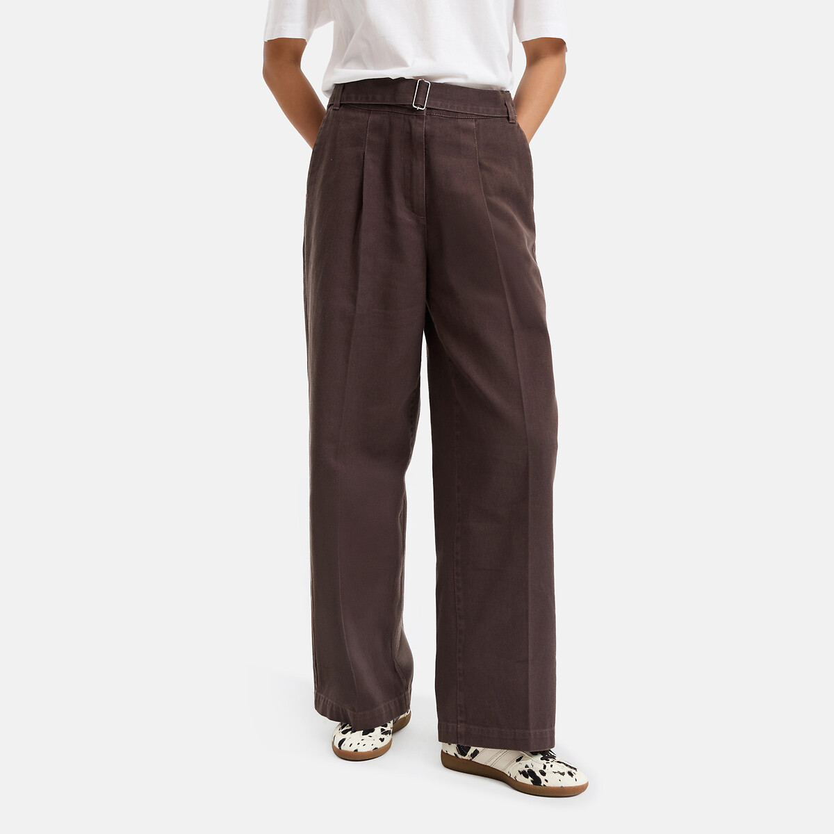 Pantalon large à pinces, avec ceinture marron, LA REDOUTE COLLECTIONS