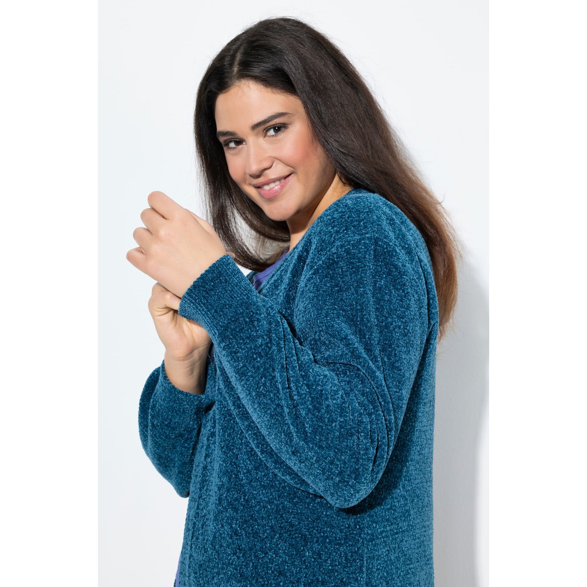 Cardigan en maille chenille à col en V et pétrol, ULLA POPKEN