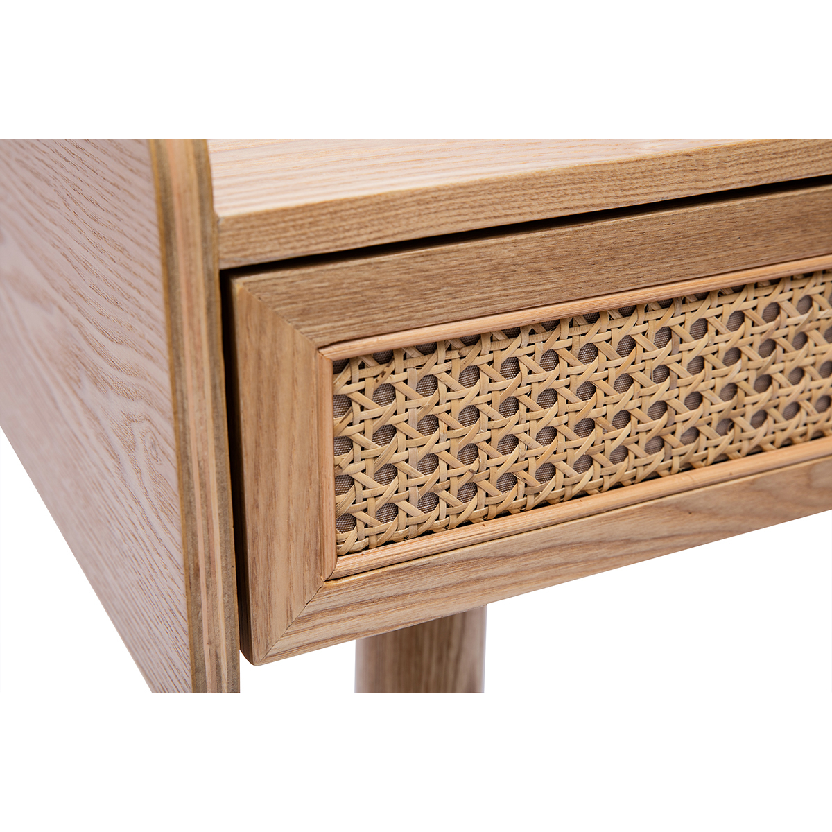 Bureau design avec rangements 2 tiroirs bois clair et cannage rotin L105 cm ELSY chêne clair, MILIBOO