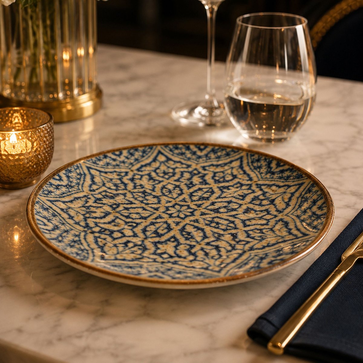 Lot de 6 assiettes plates 27cm en porcelaine, CALYPSO bleu, OGO LIVING