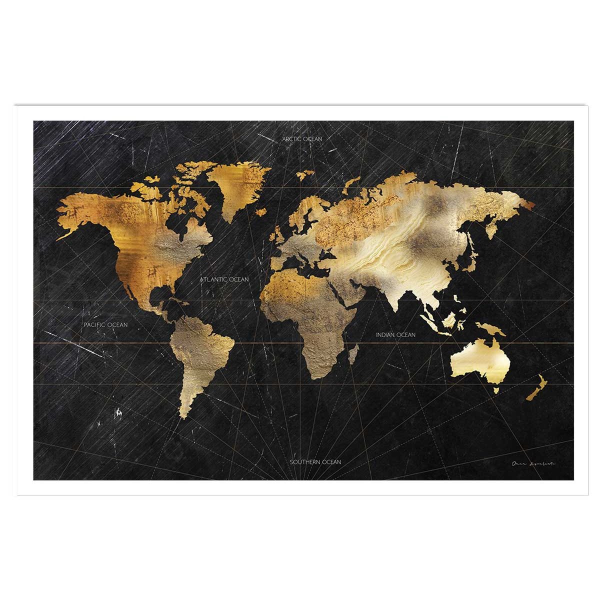 Affiche carte du monde dorée affiche seule, HEXOA