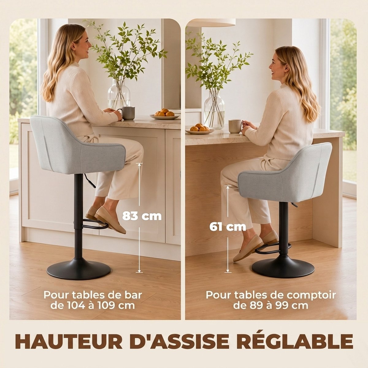 Tabouret de bar Chenille (100 % polyester) gris, noir, HOMCOM