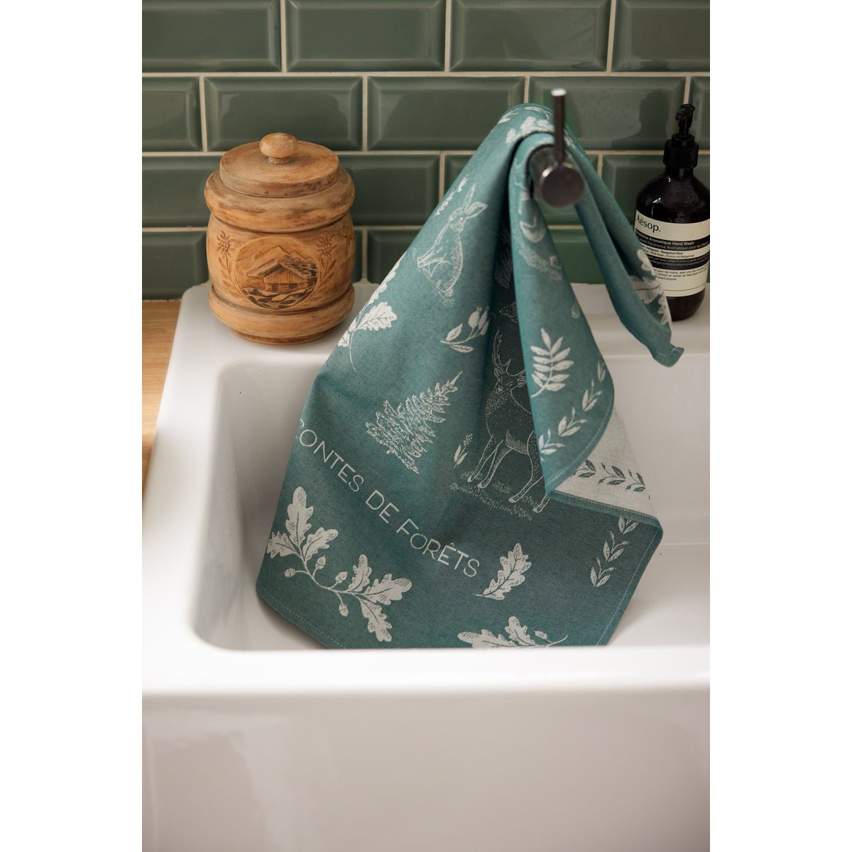 Torchon jacquard en coton CONTE DE FORÊT vert bleu, COUCKE