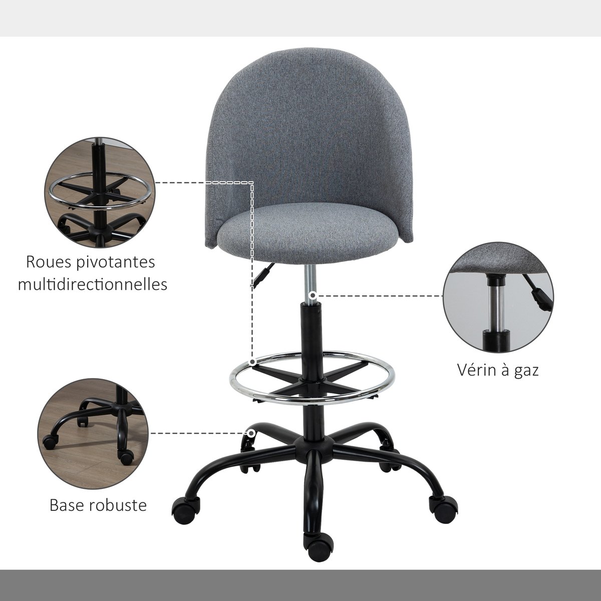 Chaise de bureau pour travail debout Lin Gris gris, HOMCOM