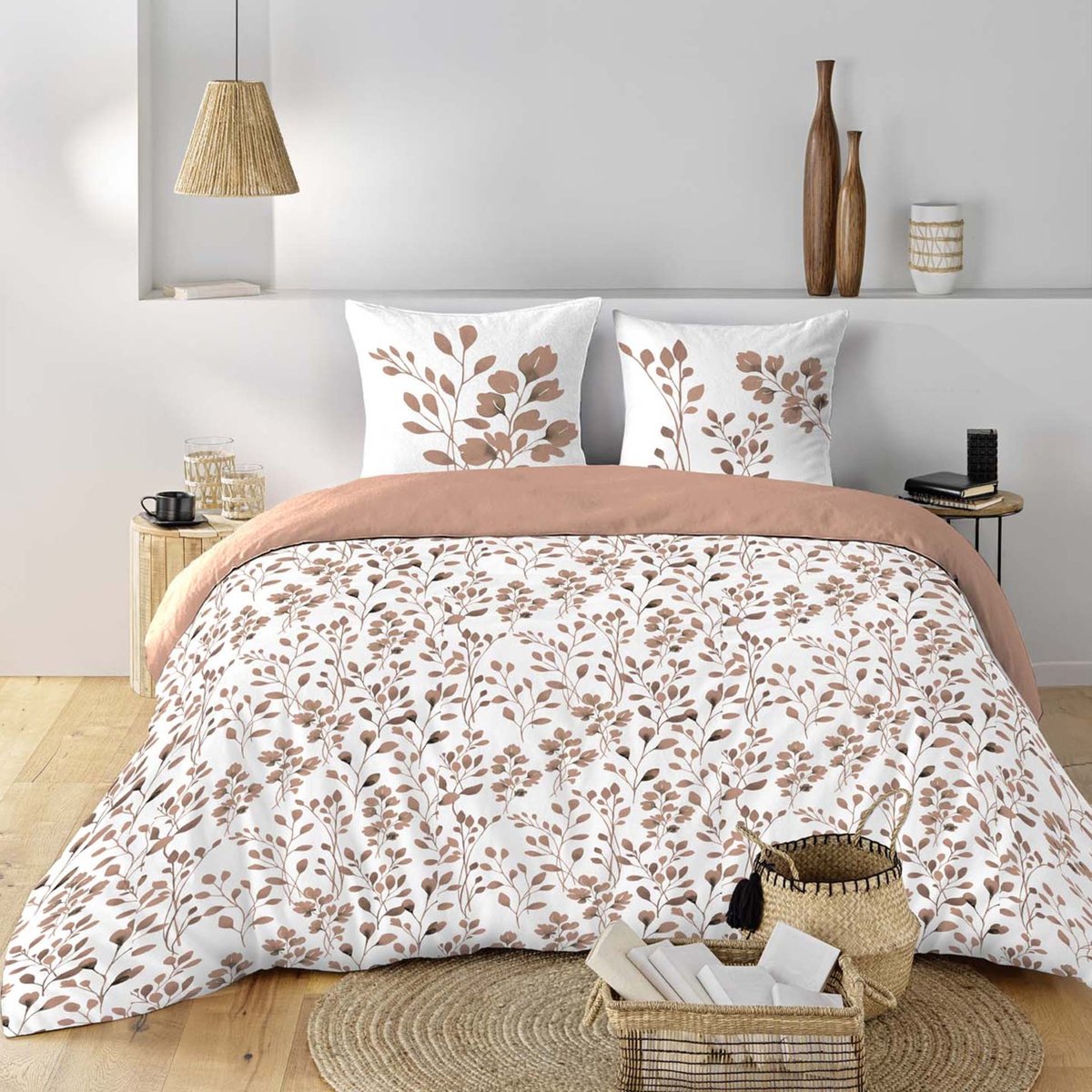 Parure de lit 3 pièces en coton à motif feuillage housse + taies rose, DOUCEUR D'INTÉRIEUR