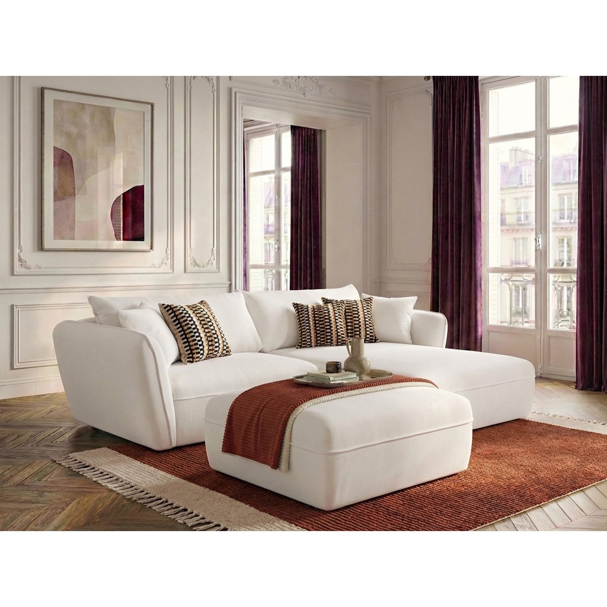 Canapé d'angle fixe 3 places en tissu texturé avec pouf, LUIGI blanc, BOBOCHIC