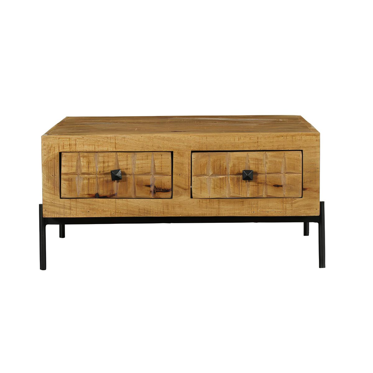 Table basse carrée en bois 4 tiroirs décor damier UDA bois naturel, PIER IMPORT