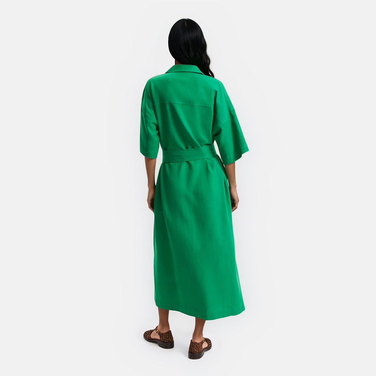 Robe chemise longue manches coudes ceinturée vert, LA REDOUTE COLLECTIONS