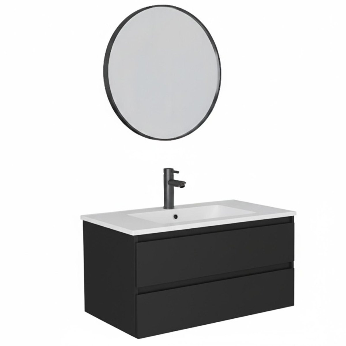 Meuble simple vasque 80cm décor chêne avec robinet et miroir SORRENTO noir satiné, MOB IN
