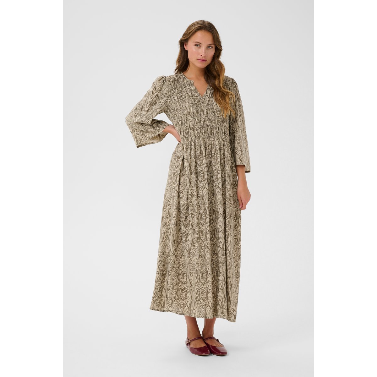 Dress beige imprimé sand toned organic print, KAFFE