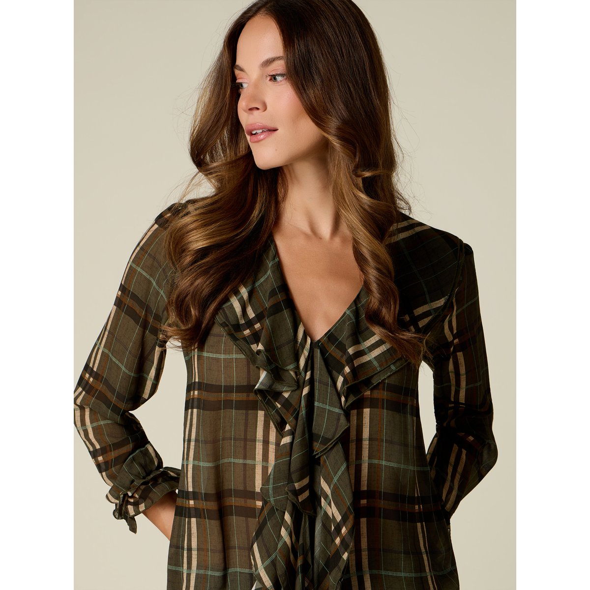 Blouse à carreaux avec volants verde militare, OLTRE