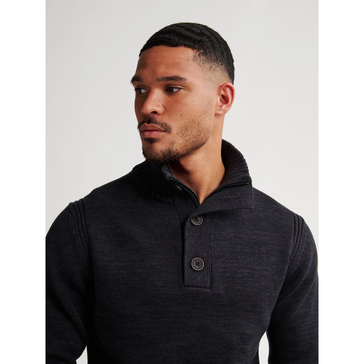 Pull col montant boutonné noir deep black, PETROL INDUSTRIES
