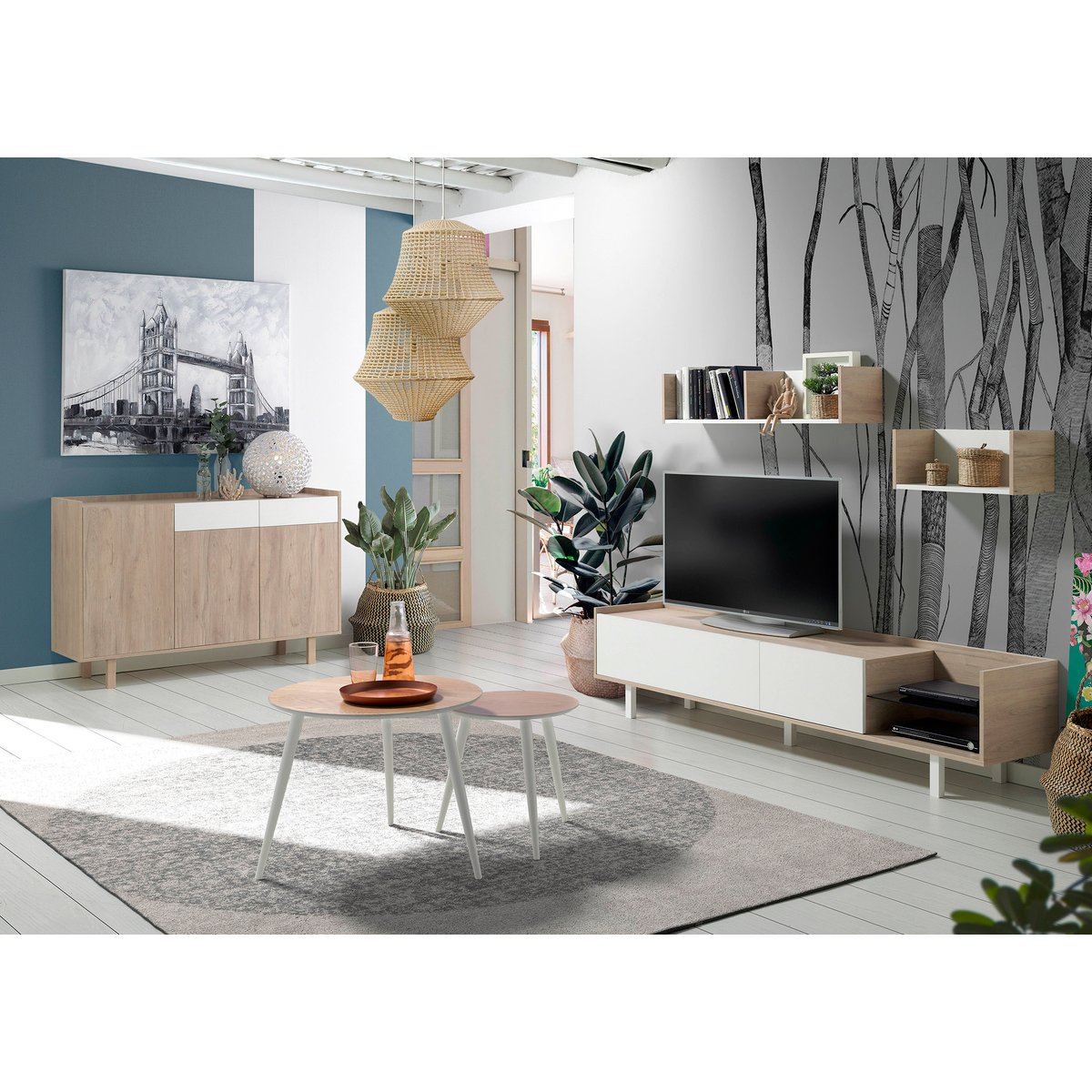 Table basse (lot de 2), SCANDI chêne-blanc, HISPANOHOGAR