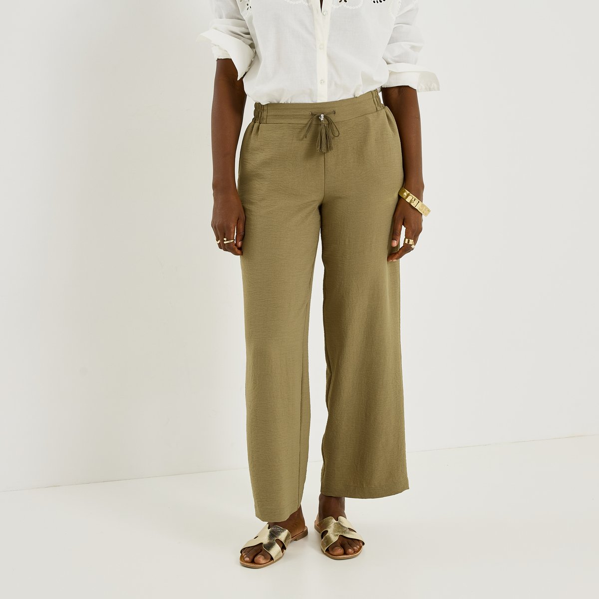 Pantalon fluide taille élastiquée vert kaki, GRAIN DE MALICE