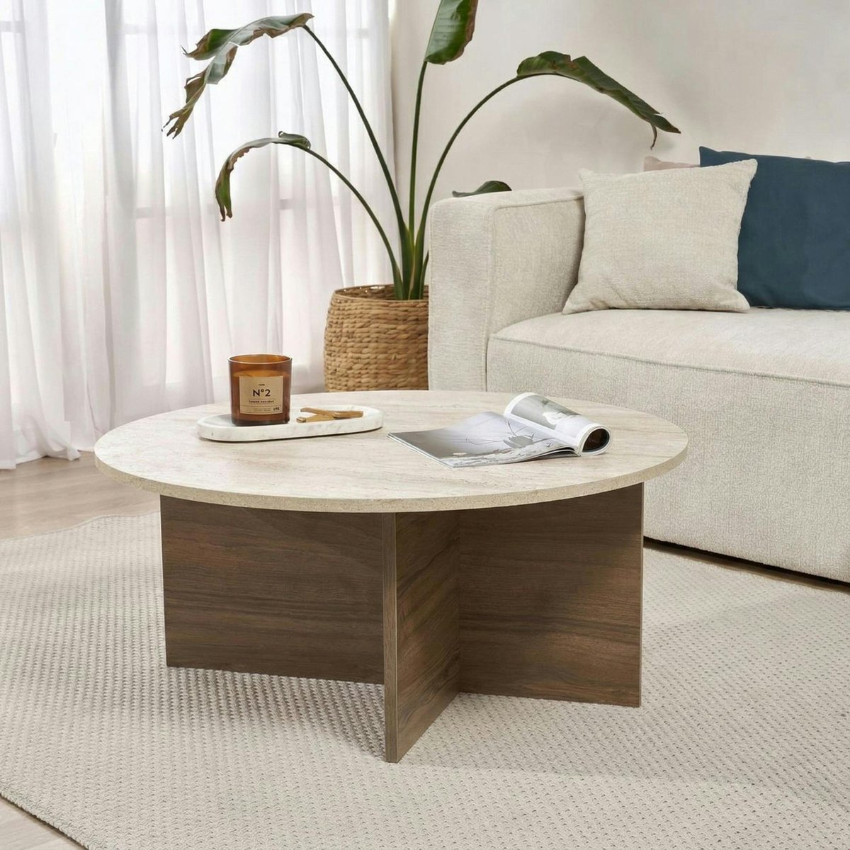 Table basse ronde décor travertin et noyer MARFA beige, PIER IMPORT