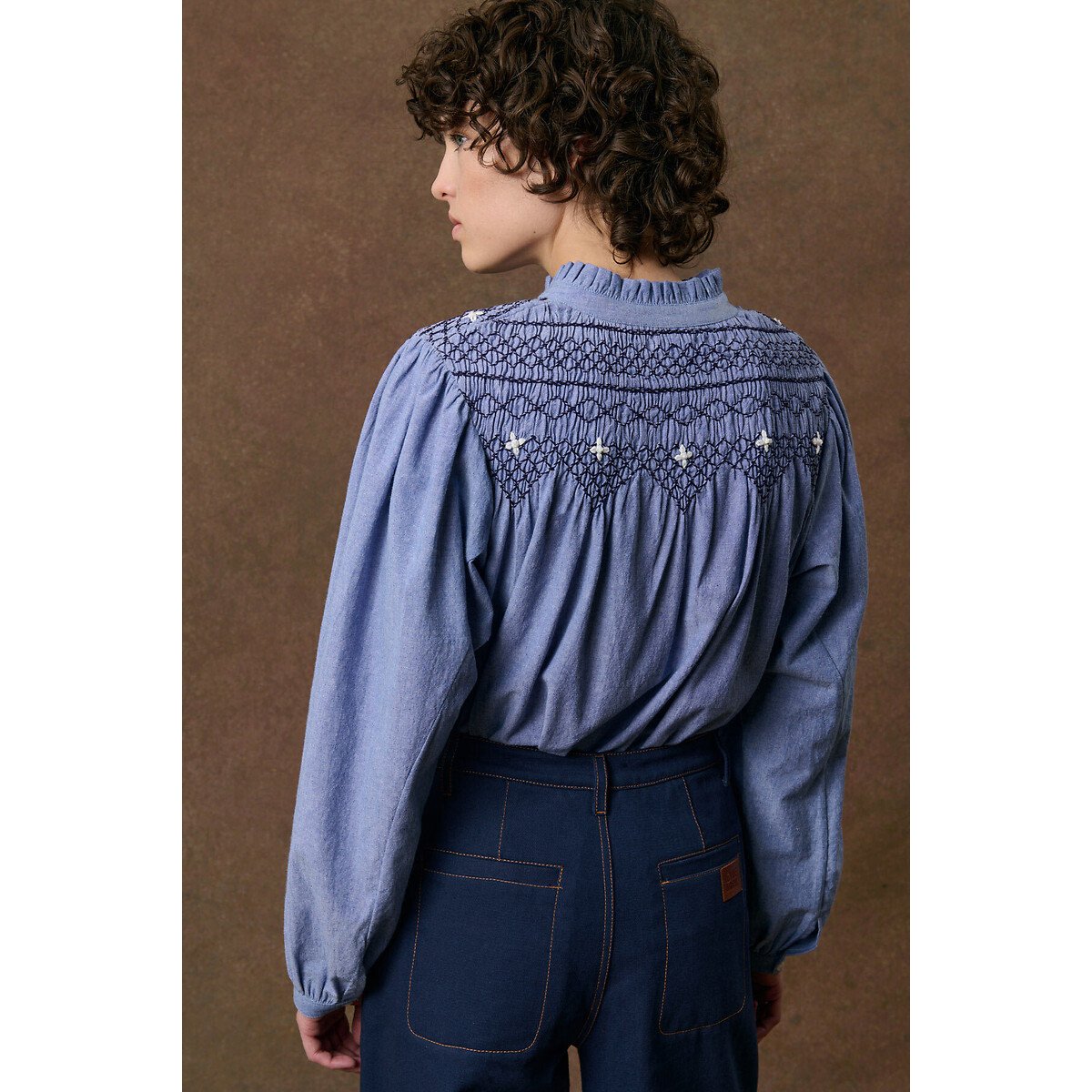 Blouse col rond brodée et smockée, LOUISE bleu, LOUISE MISHA