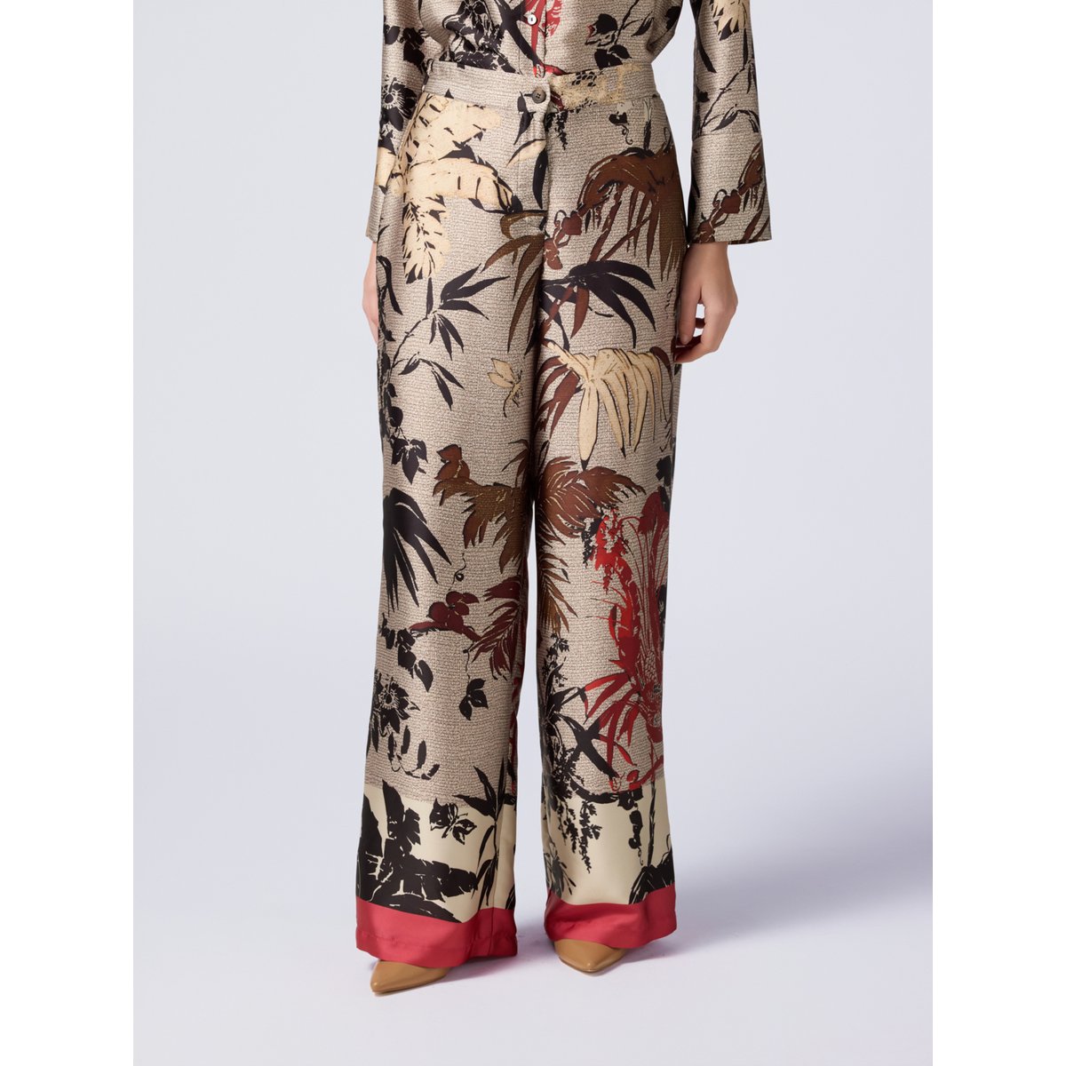Pantalon palazzo en satin fantaisie beige, OLTRE