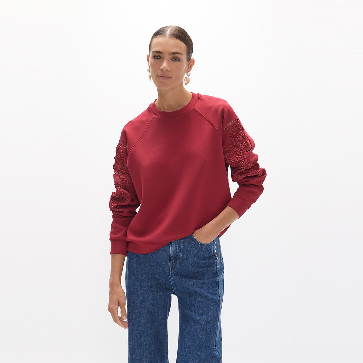 Sweat manches raglan broderie fleurie rouge, LOLA CASADEMUNT