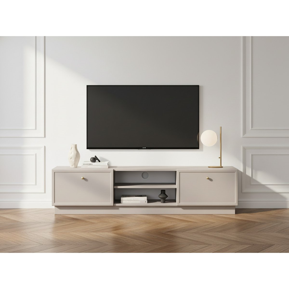 Meuble TV 150 cm panneaux de particules, LORINA beige, BOBOCHIC