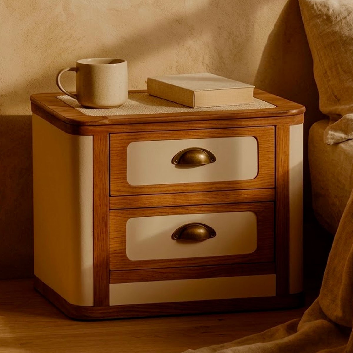 Table de chevet bois et tissu beige 2 tiroirs 45x36x45cm beige, WADIGA