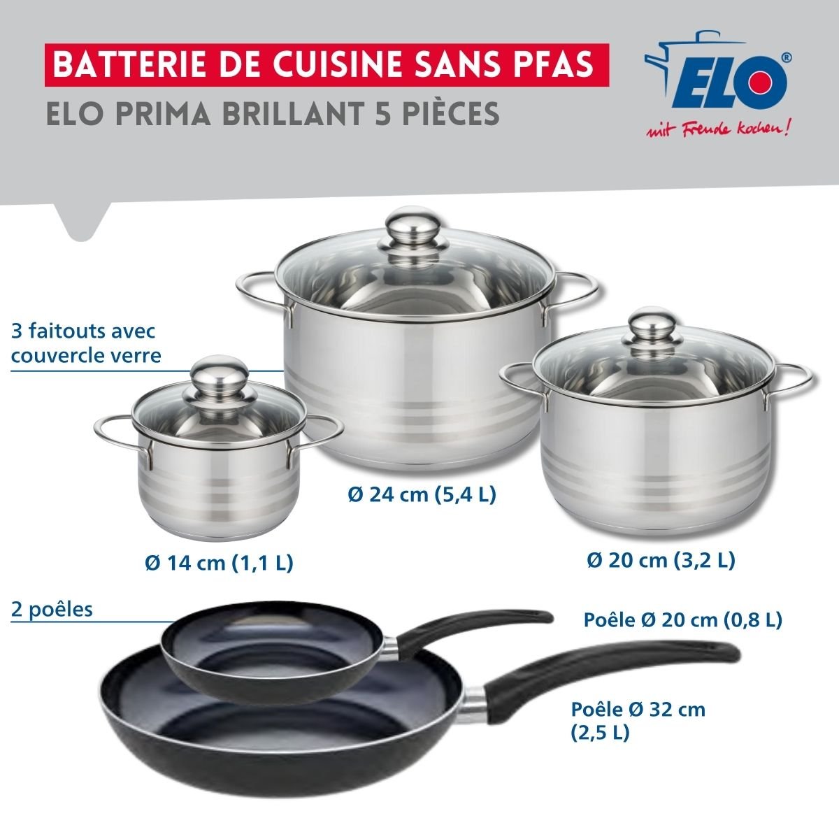 Batterie 2 poêles 20/32cm + 3 faitouts 14/20/24cm PRIMA BRILLANT noir, ELO