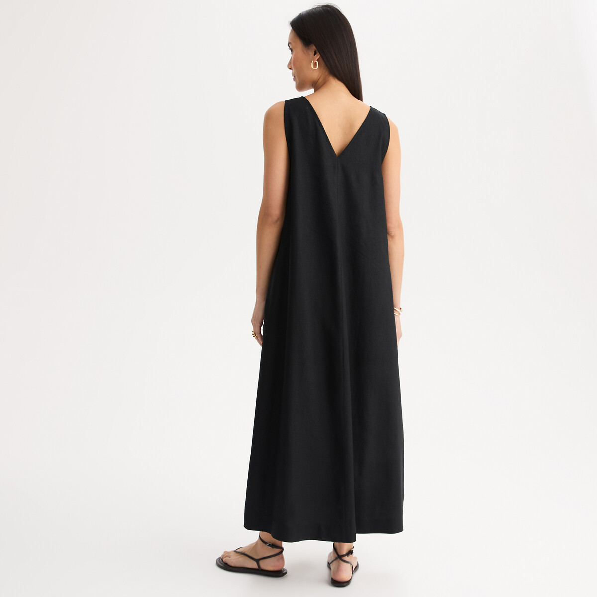 Robe sans manches longueur midi en lin et viscose noir, ANNE WEYBURN