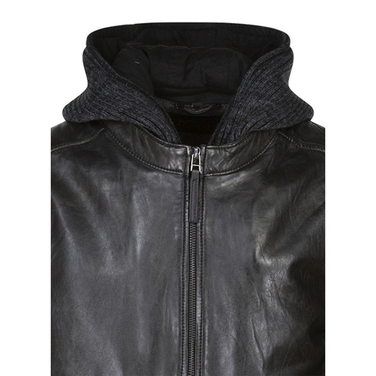 Blouson anthracite en cuir de mouton à coupe droite et avec un col à capuche anthracite, GIPSY