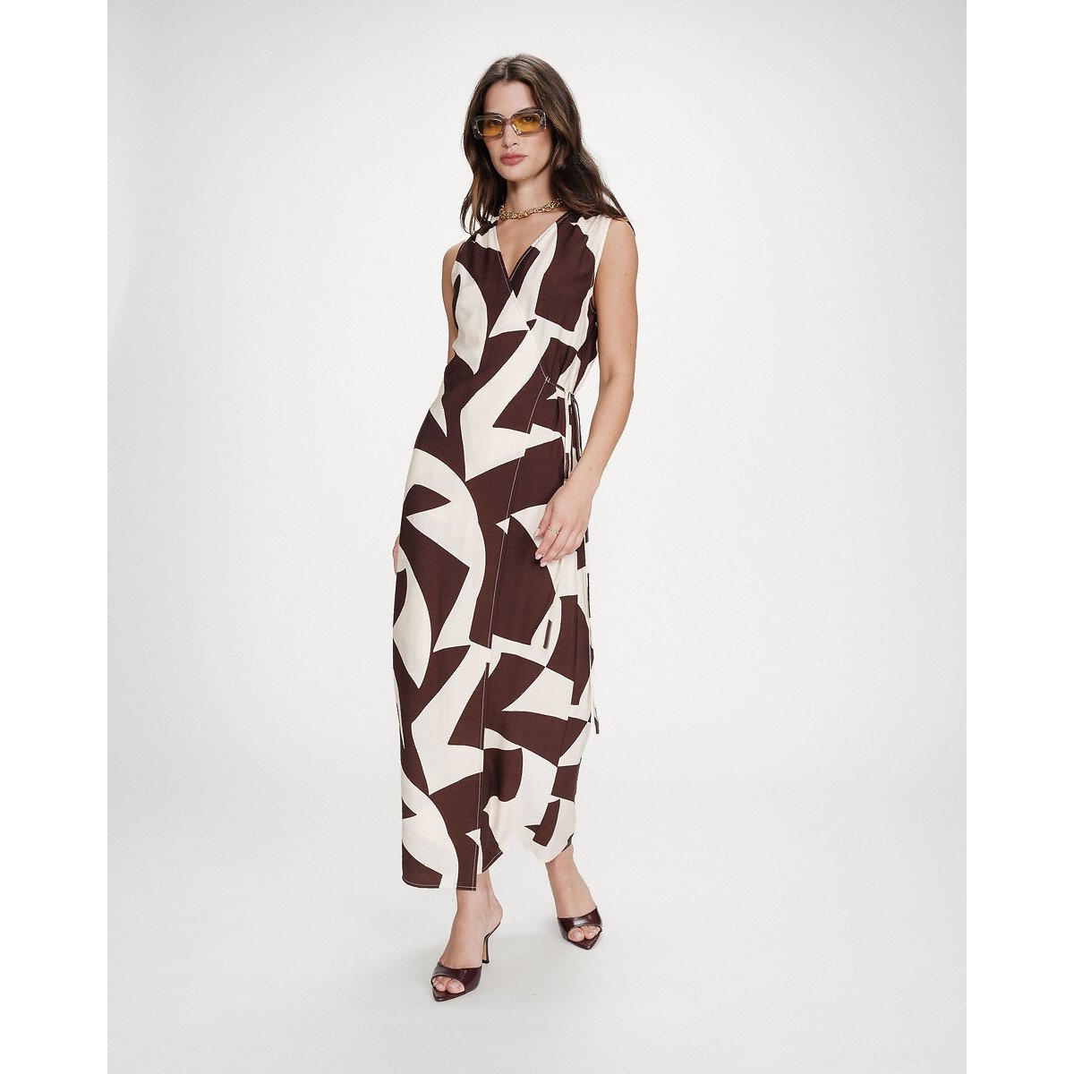 Robe longue portefeuille imprimée VELLINE imprimé marron, GRACE & MILA