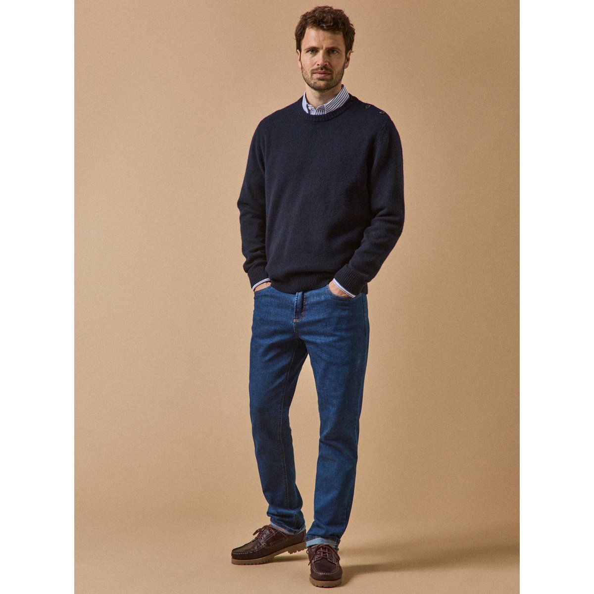 Pull boutonné laine mérinos marine, CYRILLUS