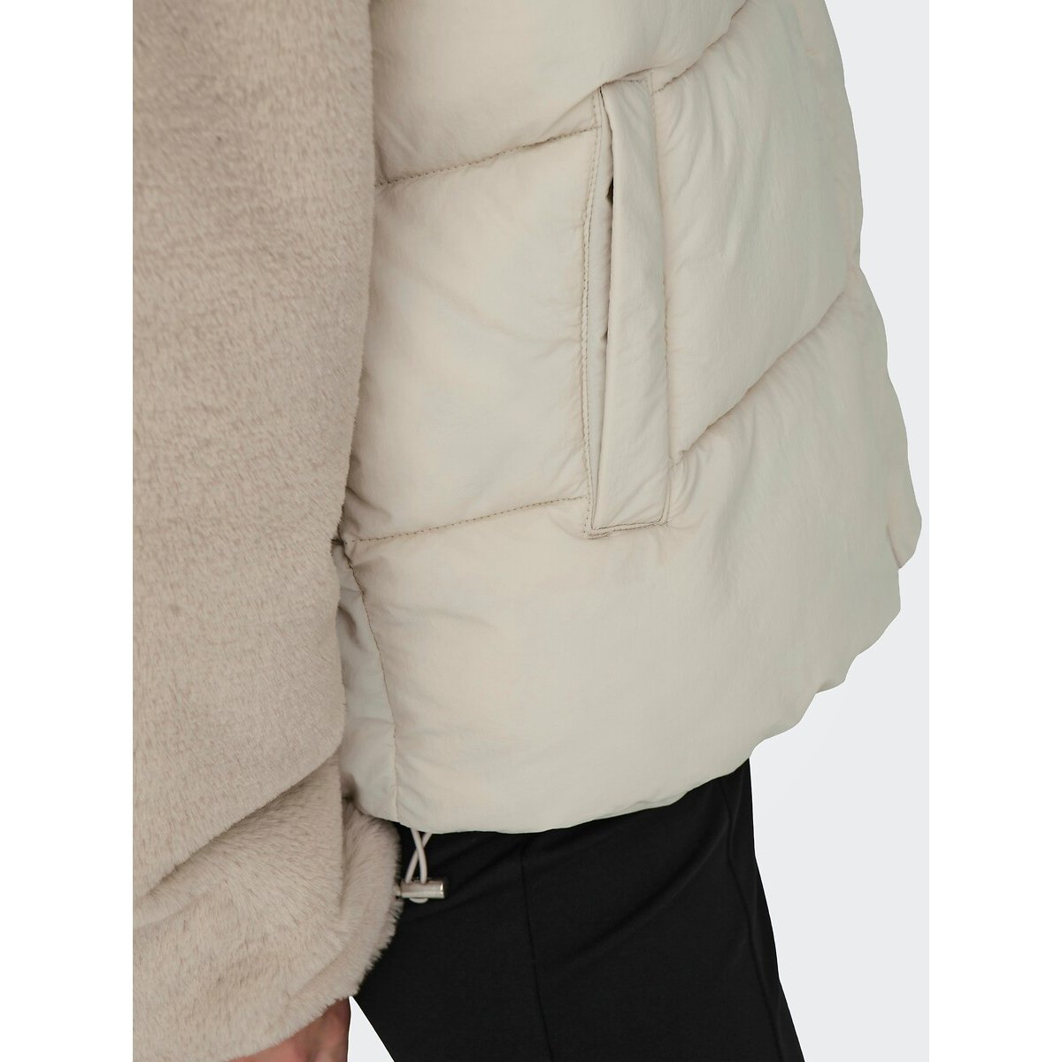 Short Padded Jacket in Teddy Faux Fur with Zip Fastening and High Neck beige, ONLY