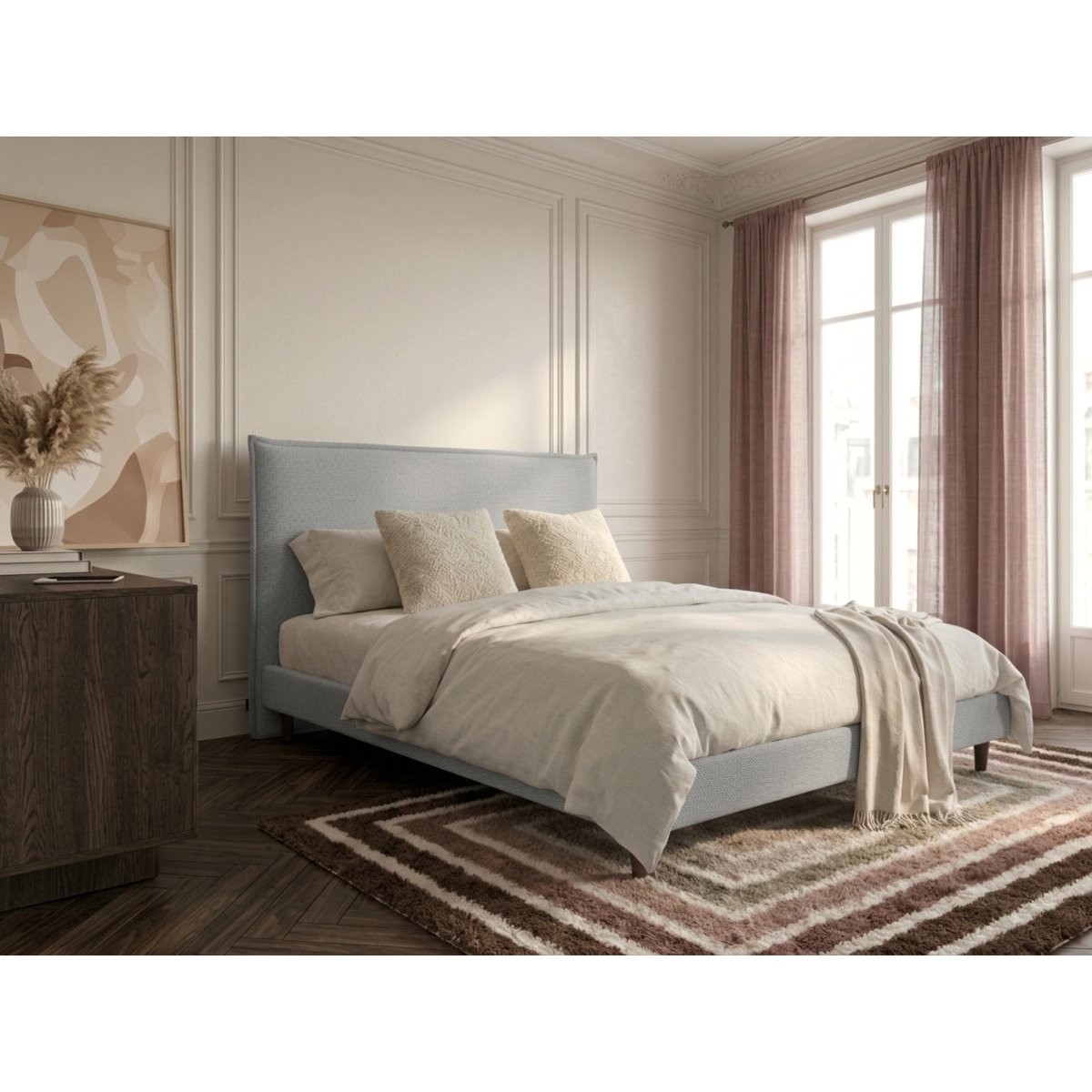 Lit bois revêtement tissu, SARY gris, BOBOCHIC
