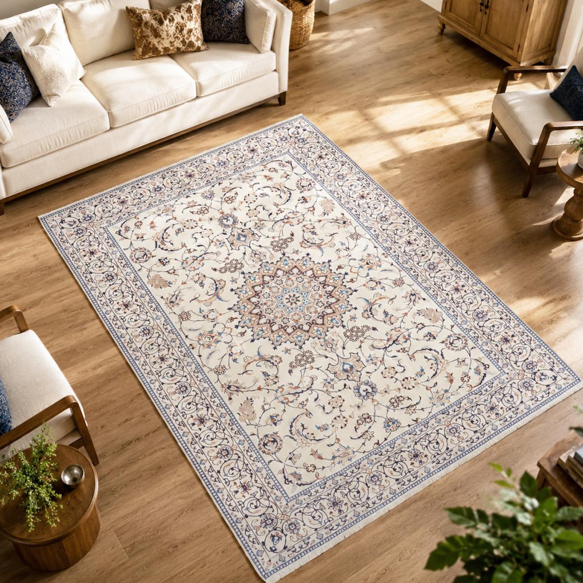 Tapis d'orient, motif oriental, noué main, laine et soie, NAIN 9LA 34 crème, beige, bleu, UN AMOUR DE TAPIS
