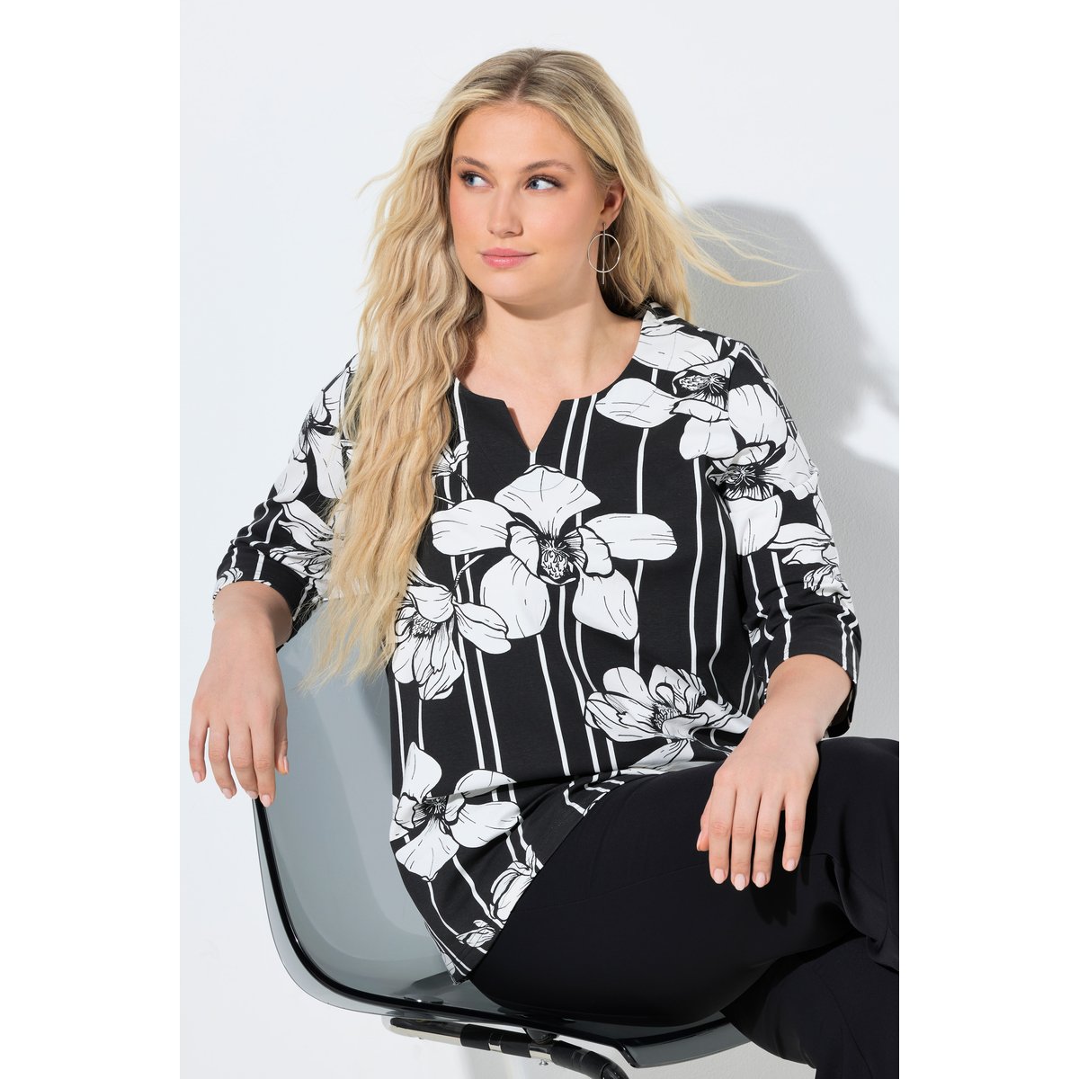 Blouse motif fleurs/rayures noir, ULLA POPKEN