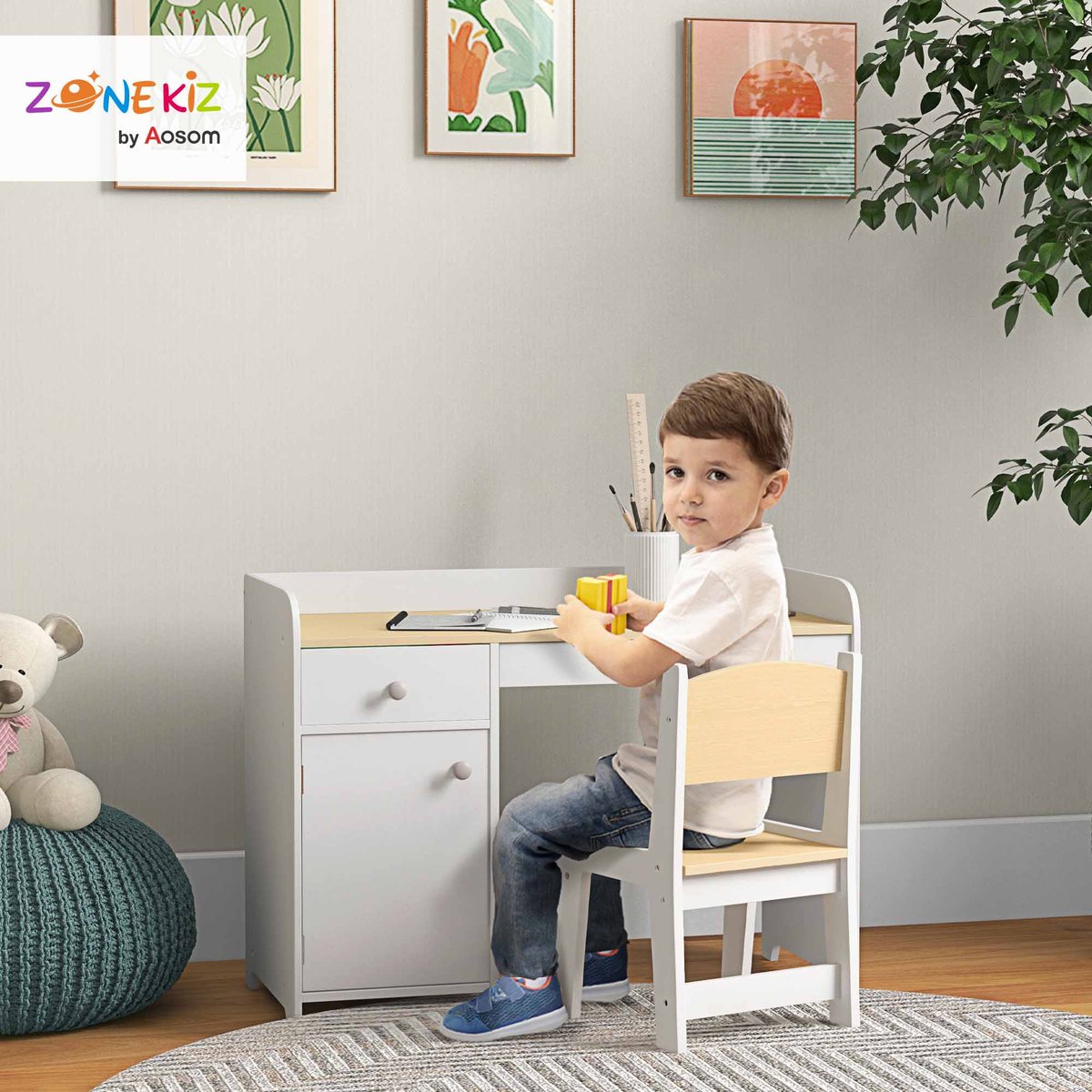 Bureau d'étude pour enfants avec chaise MDF blanc et bois clair, ZONEKIZ