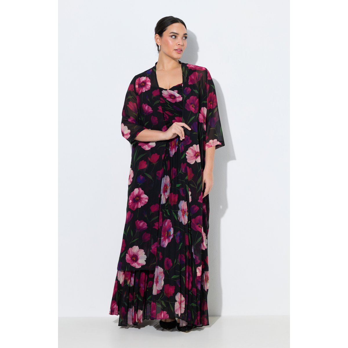 Veste en mousseline à fleurs, coupe ouverte noir, ULLA POPKEN