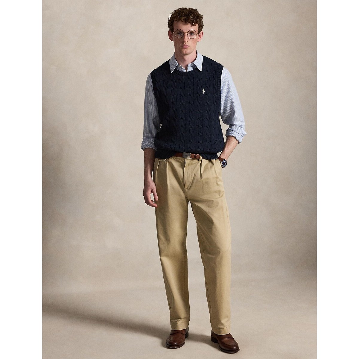 Pull sans manches, en maille torsadée bleu marine, POLO RALPH LAUREN