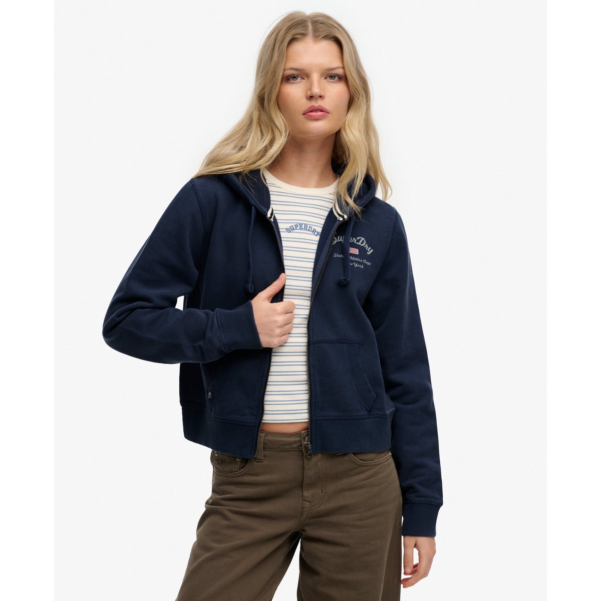 Sweat à capuche zippé court Athletic Essentials bleu marine lauren, SUPERDRY