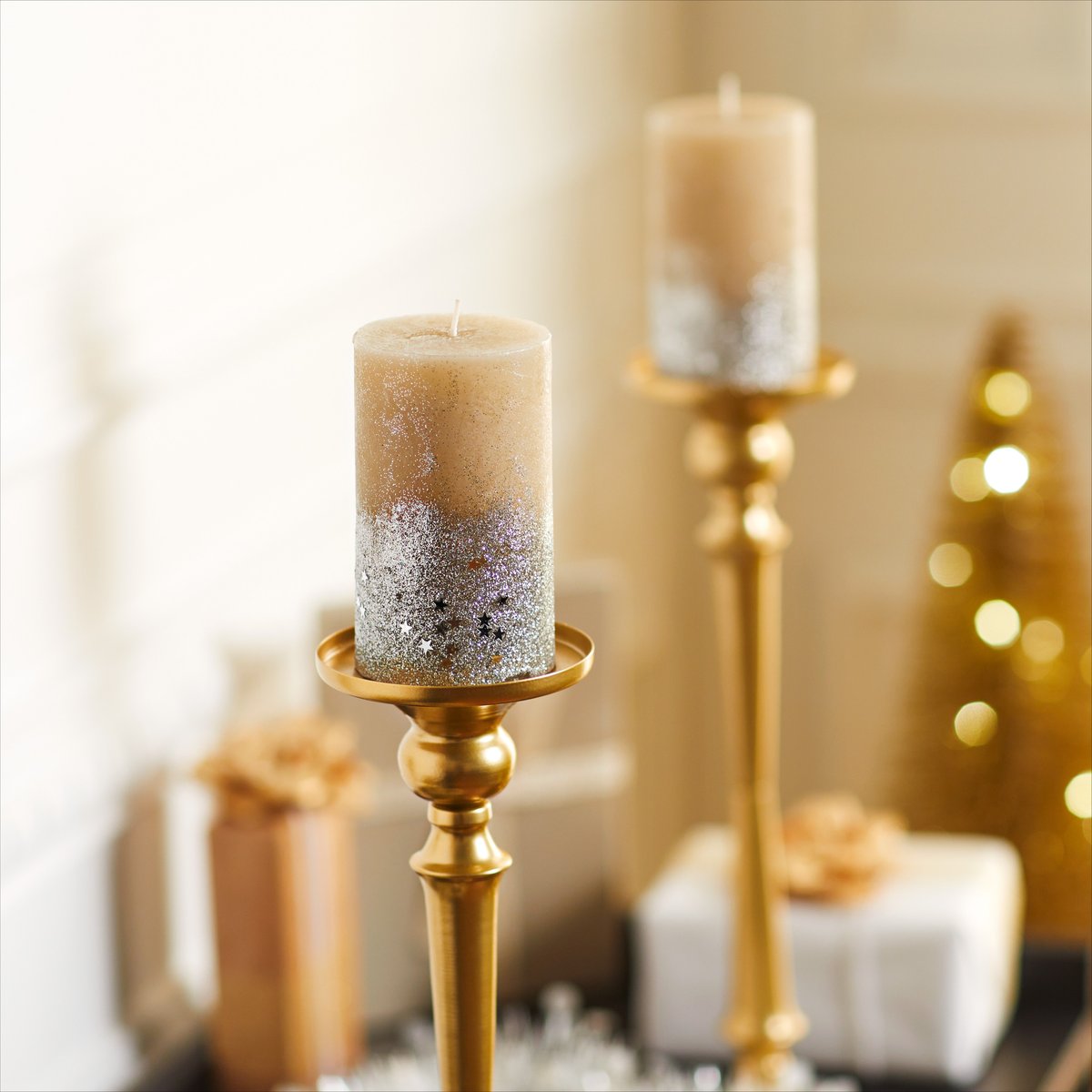 Bougie cylindre pailletée blanche H12 argent, FEERIC LIGHTS & CHRISTMAS