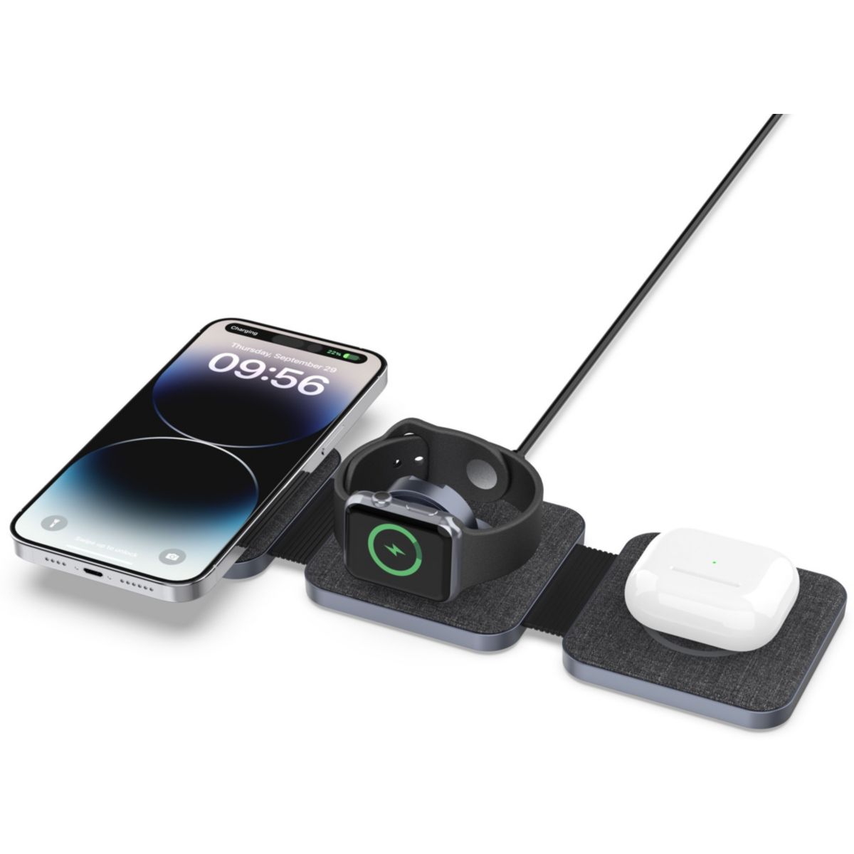 Chargeur sans fil MagSafe 3 en 1 plat pliable 15W couleur unique, ADEQWAT