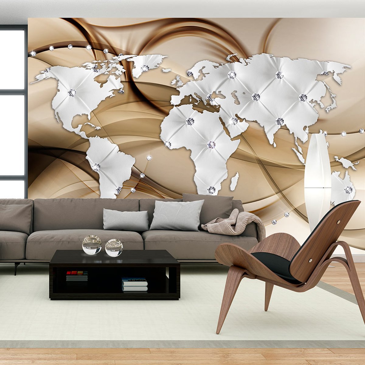 Papier peint intissé panoramique Carte du monde World Map - White & Diamonds beige, EDEN