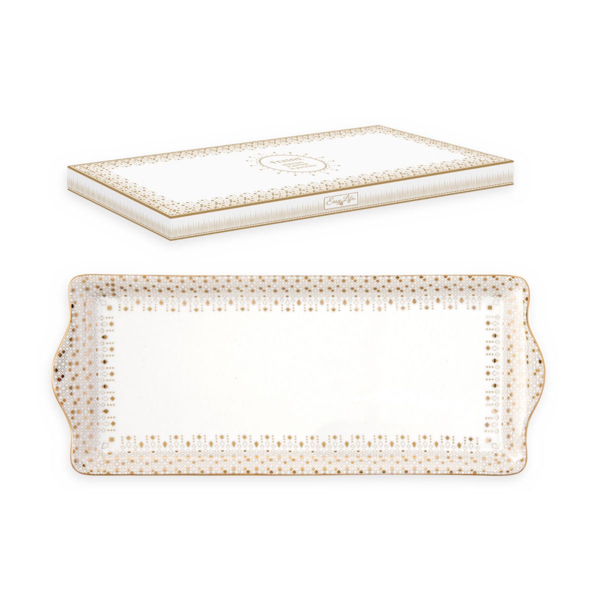Coffret plat à cake en porcelaine blanc/gold blanc, EASY LIFE
