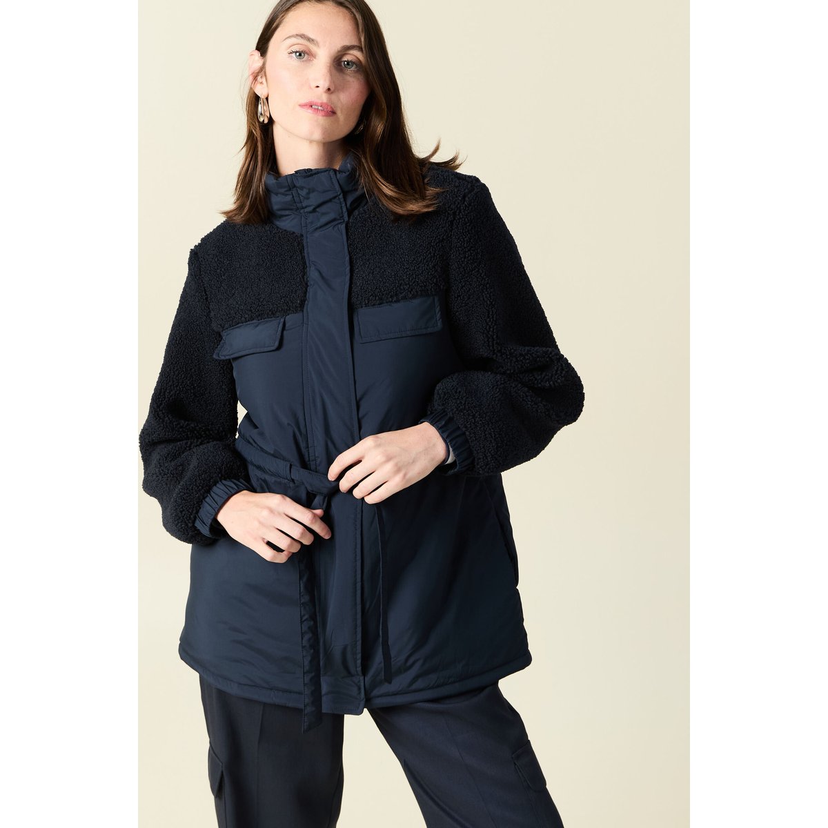 Manteau manches sherpa bleu marine, BONOBO