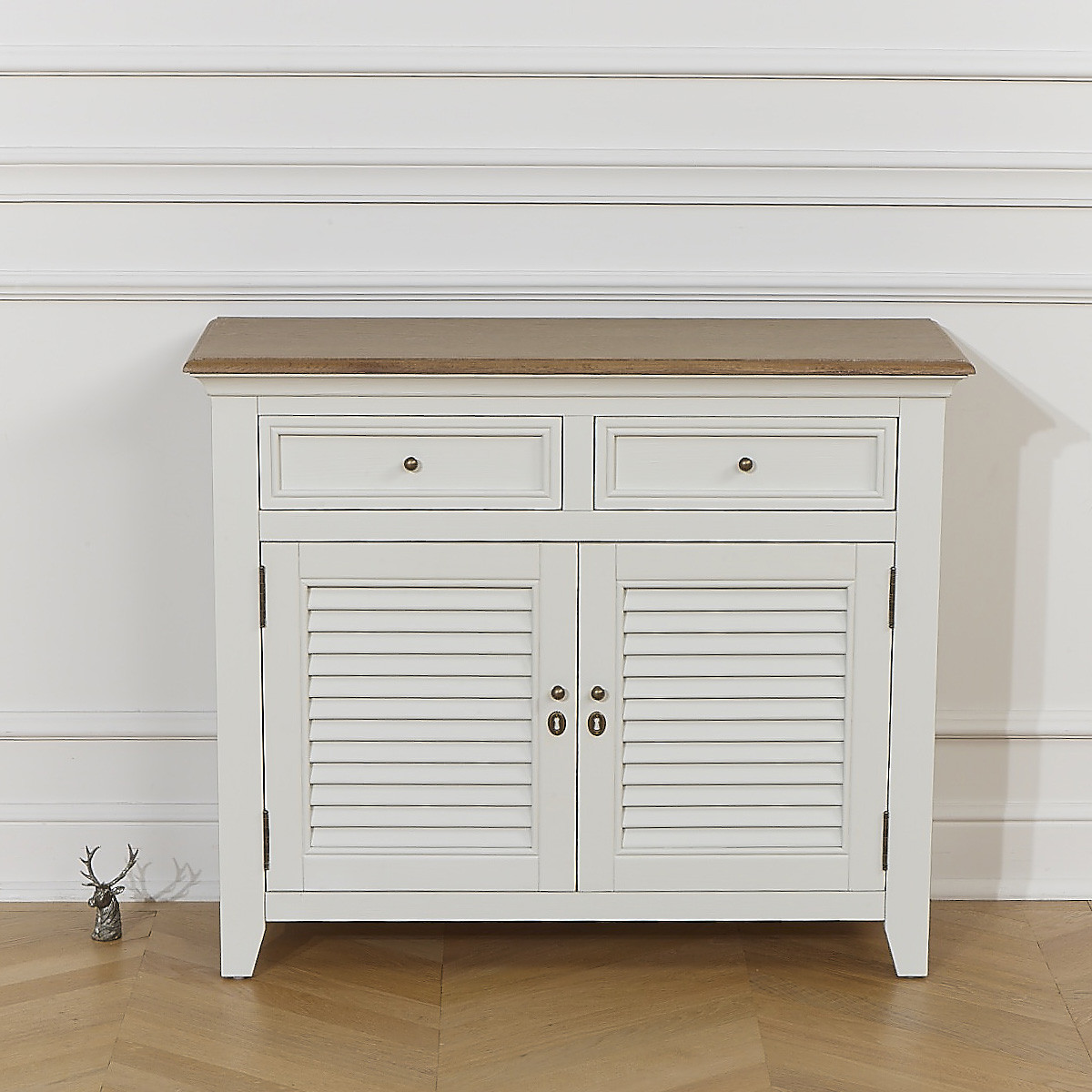 Buffet style shabby chic, plateau en chêne, 2 tiroirs, 2 portes EDEN blanc, ROBIN DES BOIS