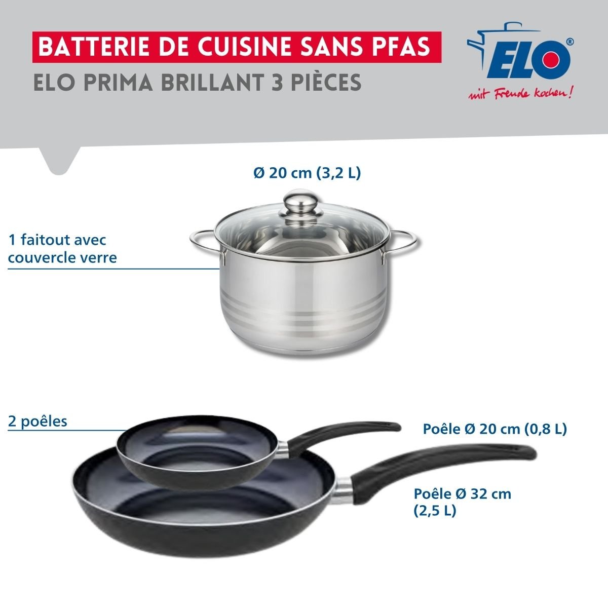 Batterie 2 poêles 20/32cm + 1 faitout 20cm PRIMA BRILLANT noir, ELO